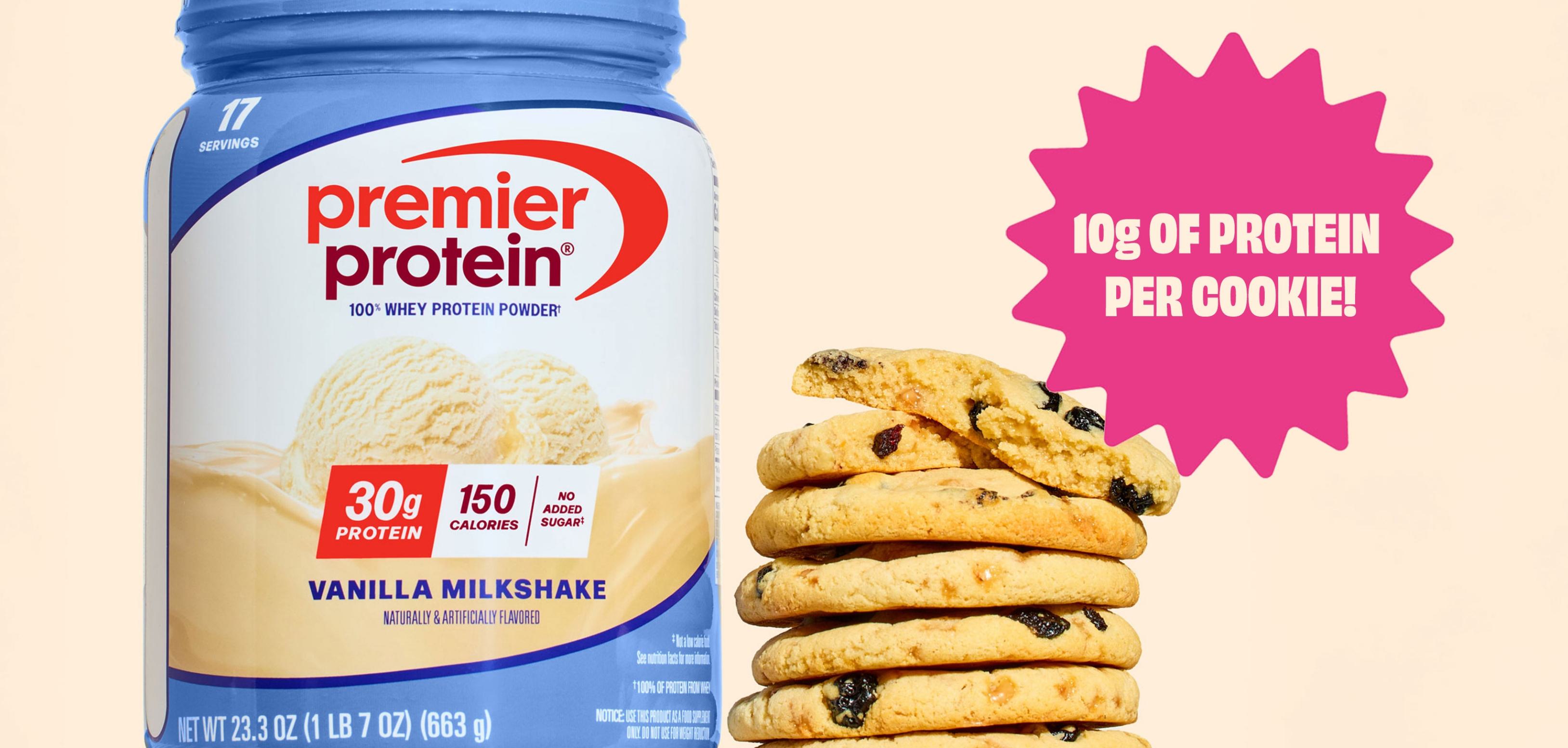 A tub of vanilla milkshake protein powder next to a stack of cookies. 10g of Protein Per Cookie!