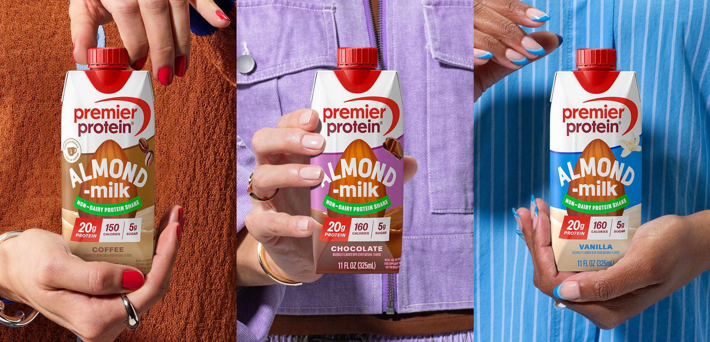 Tryptich featuring people opening each flavor of Premier Protein Almondmilk shake.